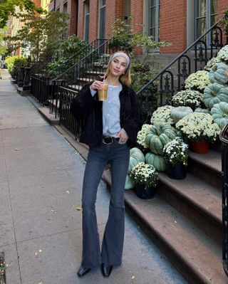 Cardigan and flared jeans outfit