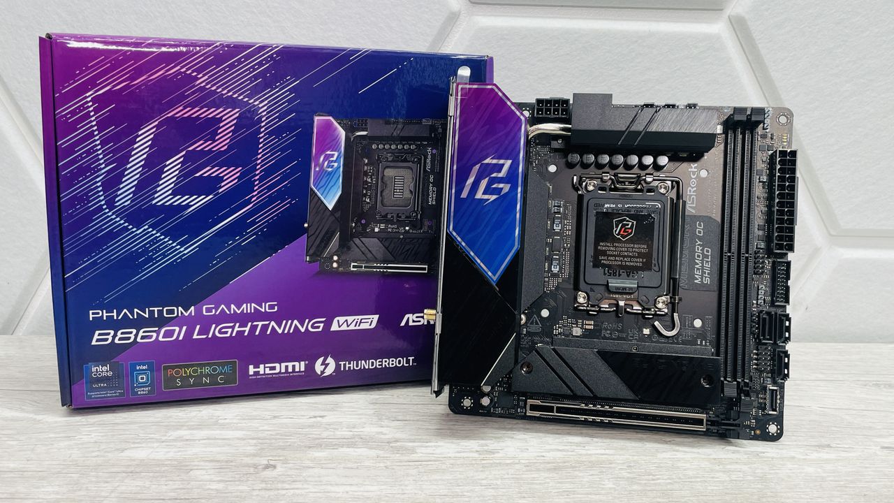 ASRock Phantom Gaming B860I Lightning Wi-Fi motherboard on a desk.