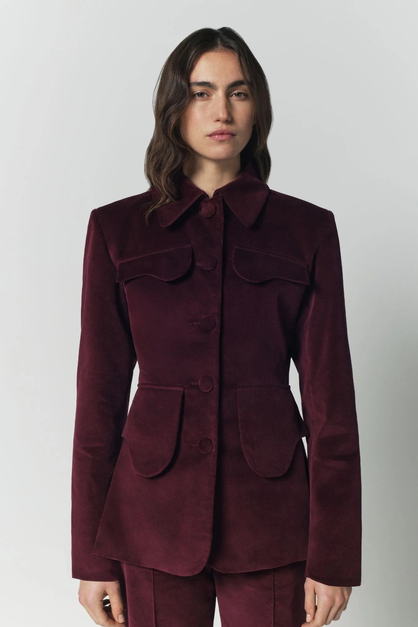 Burgundy Velvet Utility Button-Front Jacket - Xs