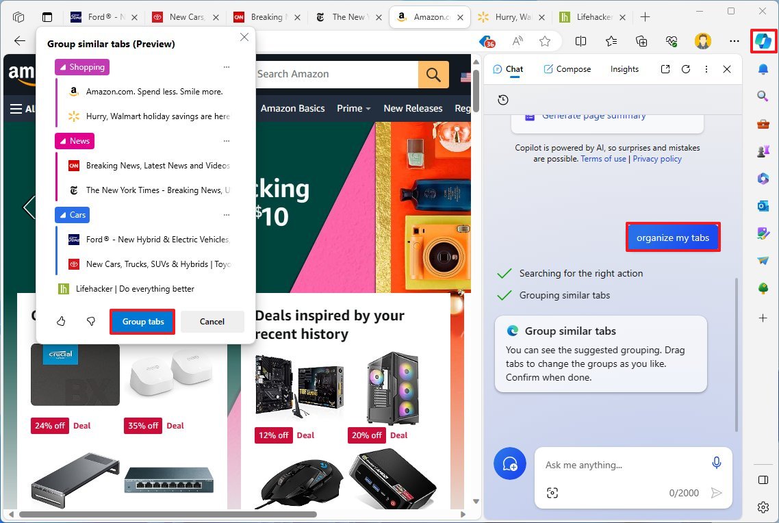 Edge Copilot упорядочивает вкладки