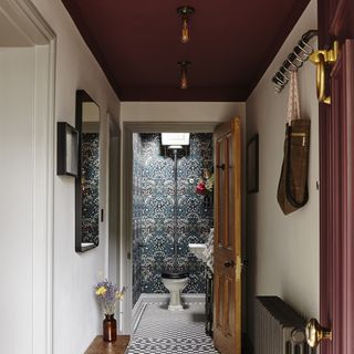Hallway with painted red ceiling and open door looking into a cloakroom.