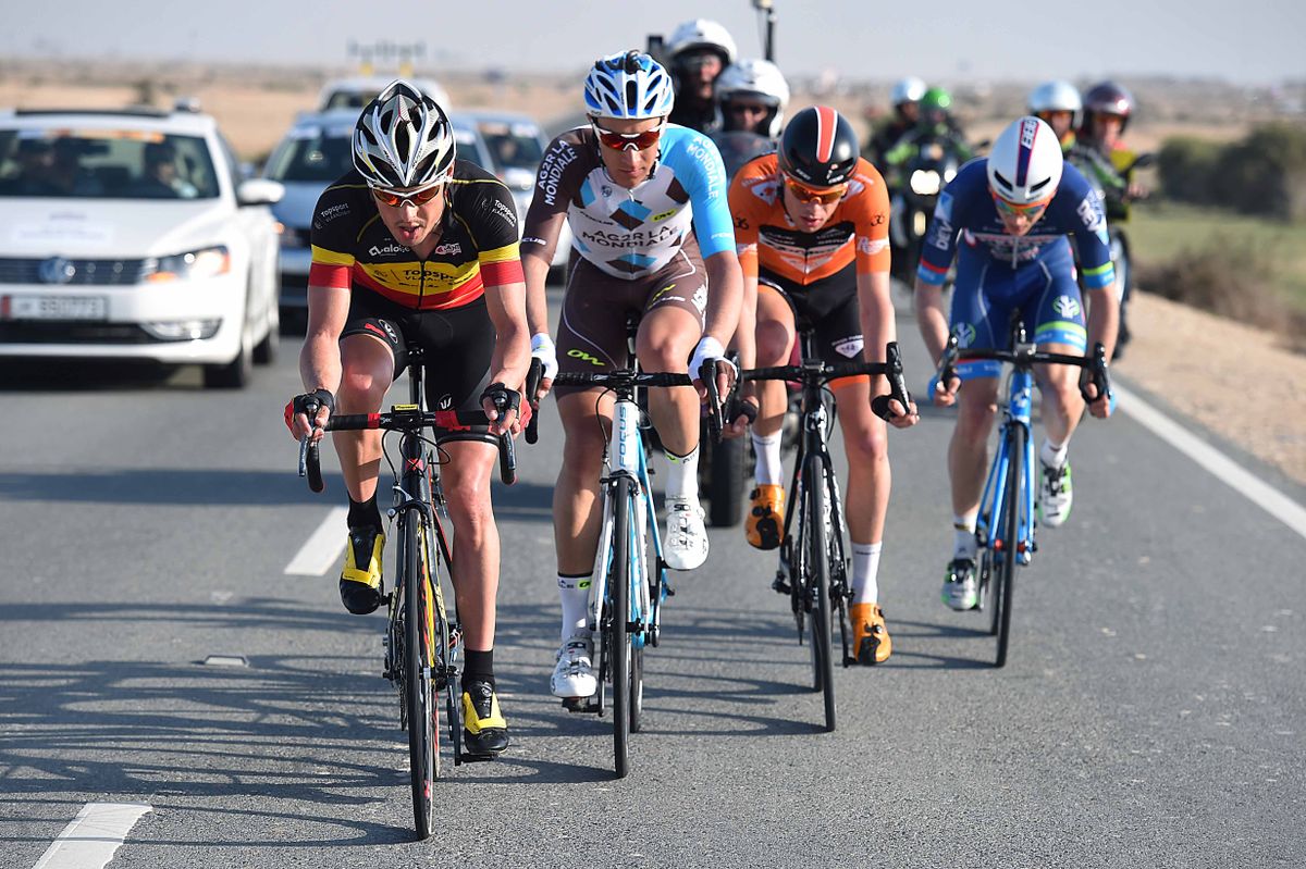 Preben Van Hecke (Topsport Vlaanderen), Patrick Gretsch (AG2R-La Mondiale), Mark McNally (Wanty-Groupe Gobert) and Jesper Asselman (Roompot) in the breakaway