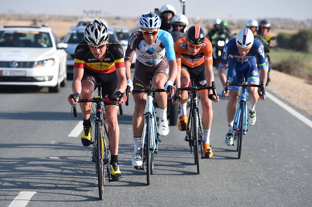 Preben Van Hecke (Topsport Vlaanderen), Patrick Gretsch (AG2R-La Mondiale), Mark McNally (Wanty-Groupe Gobert) and Jesper Asselman (Roompot) in the breakaway