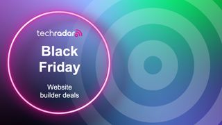 Header image for Black Friday website builder page blue and green background with a pink circle on top alomg with white writing and the TechRadar logo 