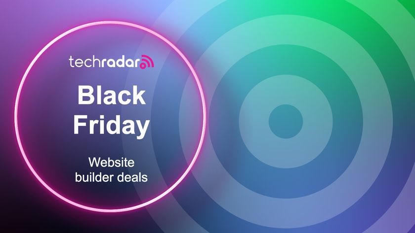 Header image for Black Friday website builder page blue and green background with a pink circle on top alomg with white writing and the TechRadar logo 