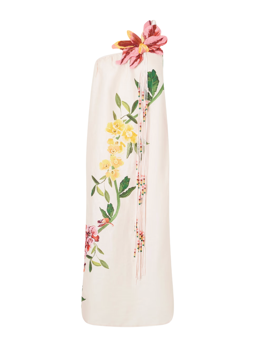Floral-printed light pink one-shoulder maxi dress.