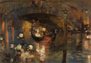 Melville first visited Venice in 1894. The Music Boat venice is a virtuoso study of a carnival scene