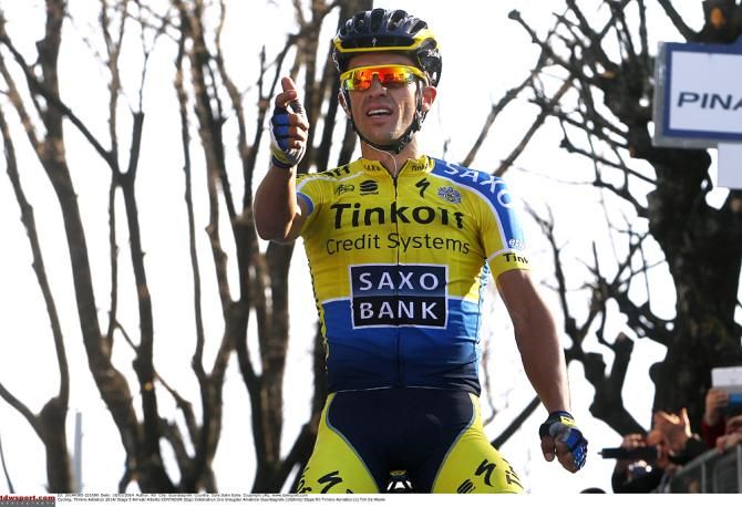 Alberto Contador (Tinkoff-Saxo) celebrates his dominant performance on stage 5 of Tirreno-Adriatico