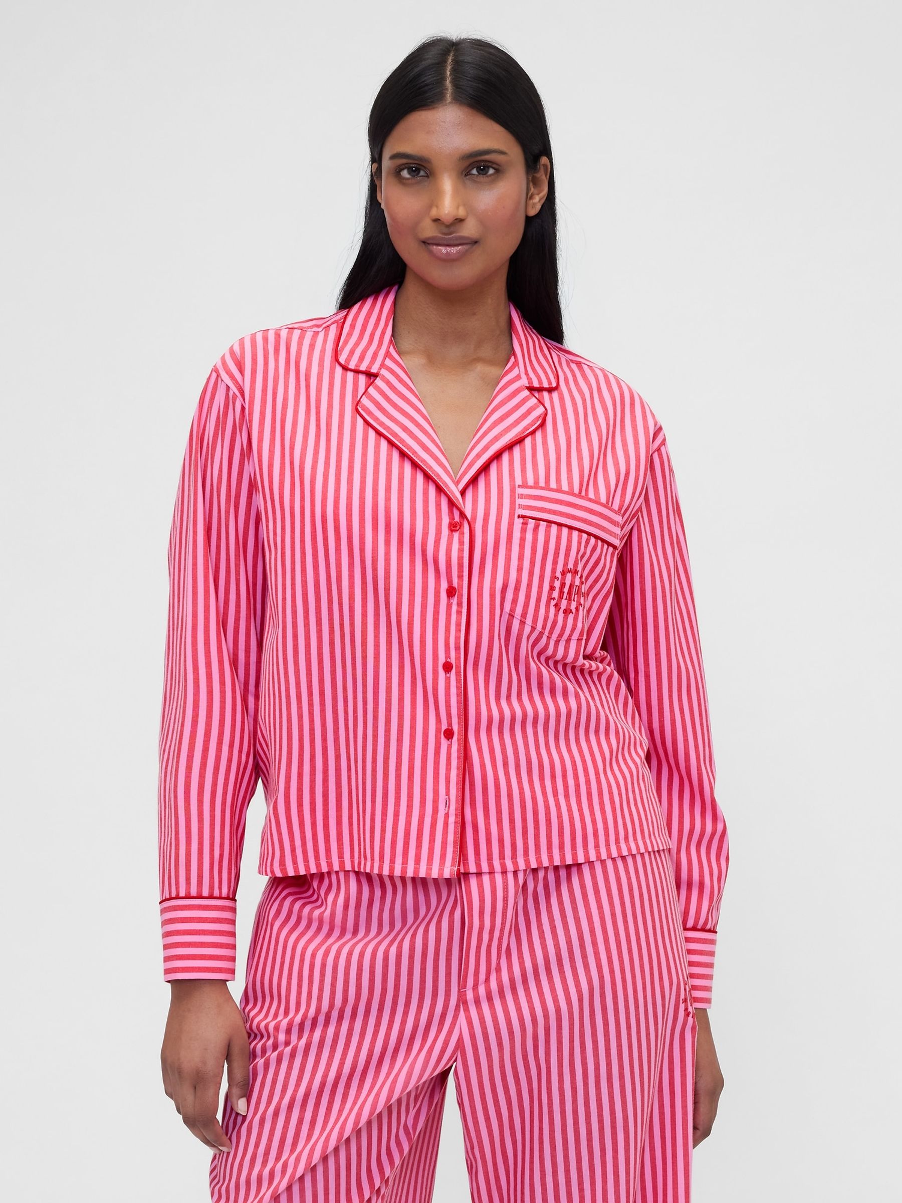Gap X Summer Fridays Bright Pink/red Relaxed Poplin Stripe Pyjama Shirt