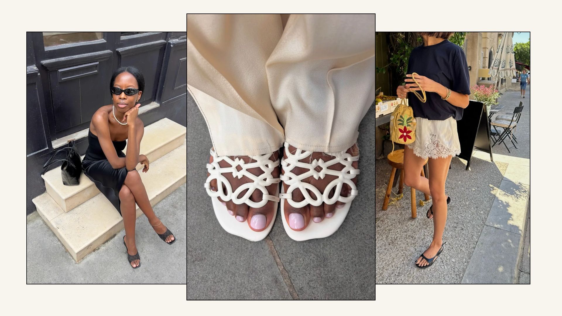 A collage of stylish women wearing trending pedicure colours