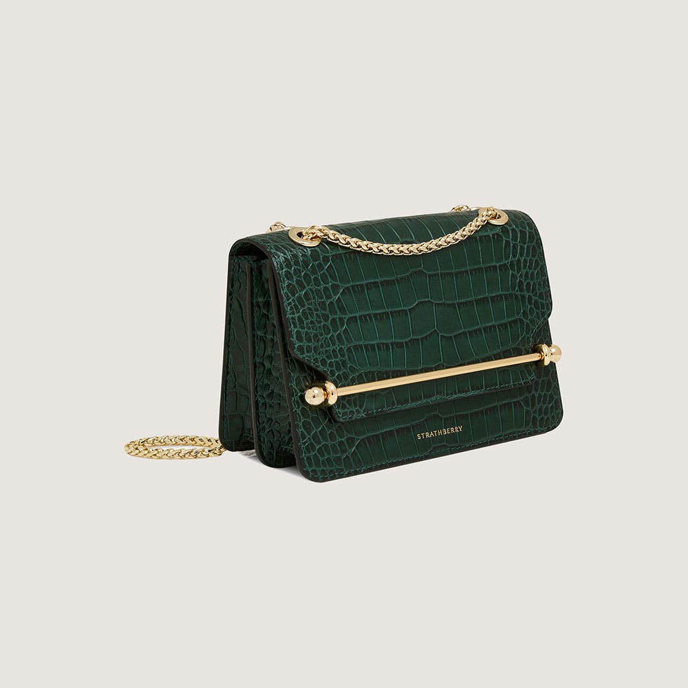 East/west Mini - Croc-Embossed Leather Bottle Green