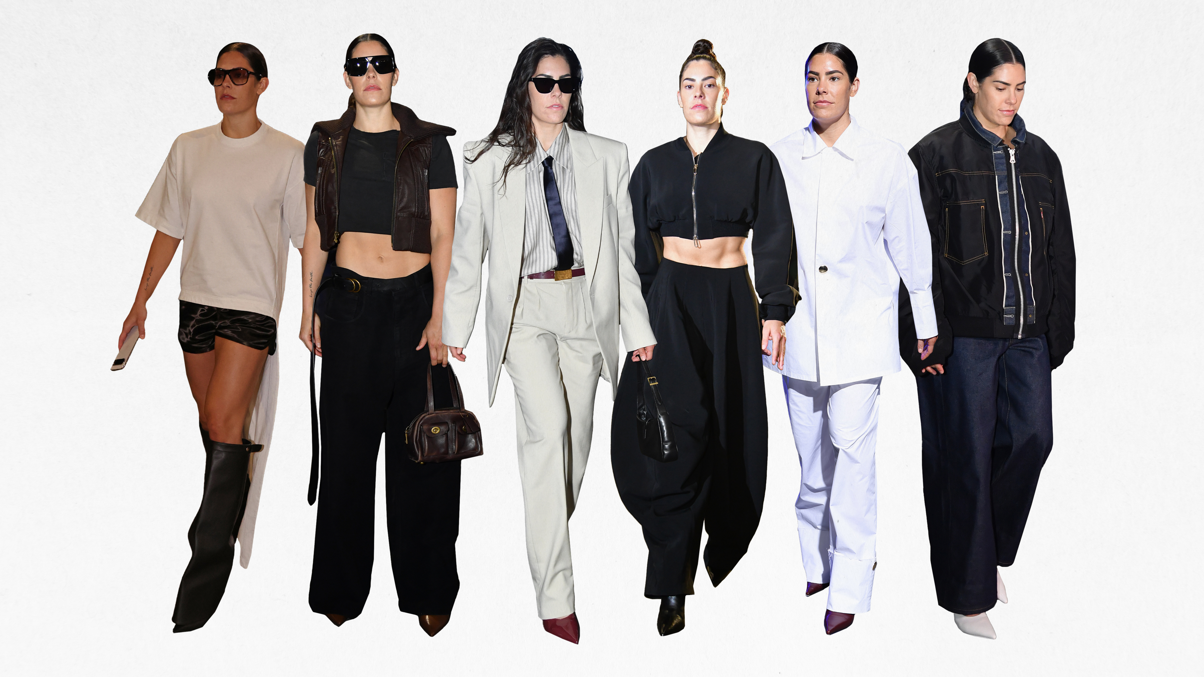 A collage of tunnel 'fit photos of Kelsey Plum during the 2025 WNBA season.