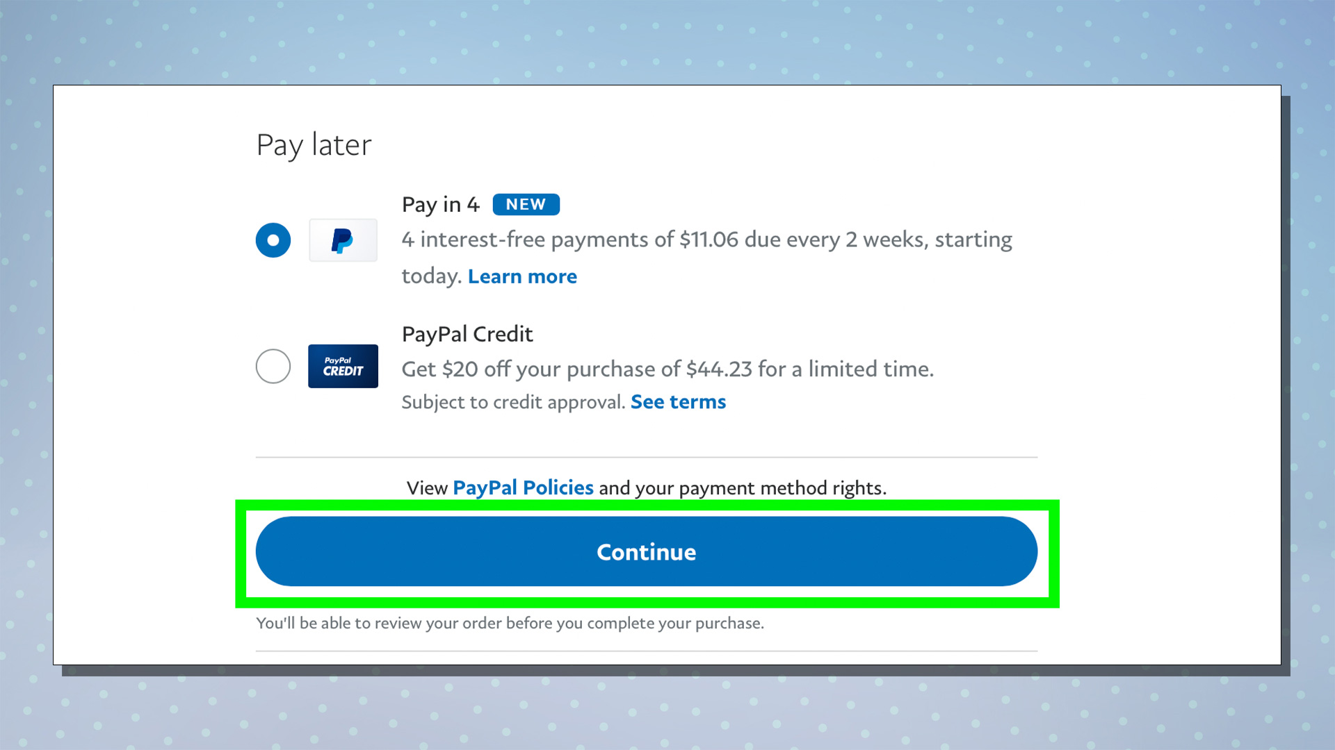 Screenshot showing PayPal Pay 4 steps