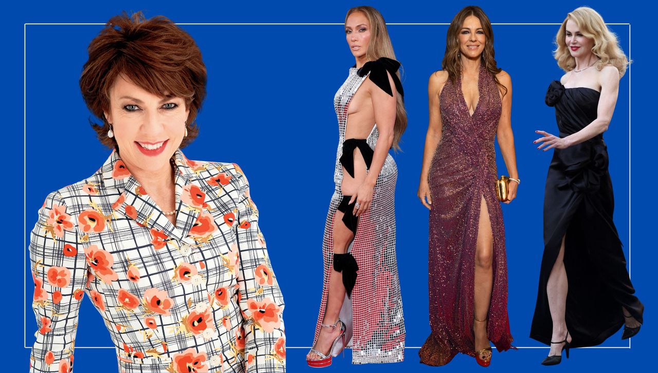 A headshot of woman&amp;home columnist Kathy Lette beside photos of Jennifer Lopez, Liz Hurley and Nicole Kidman on the red carpet wearing sexy dresses