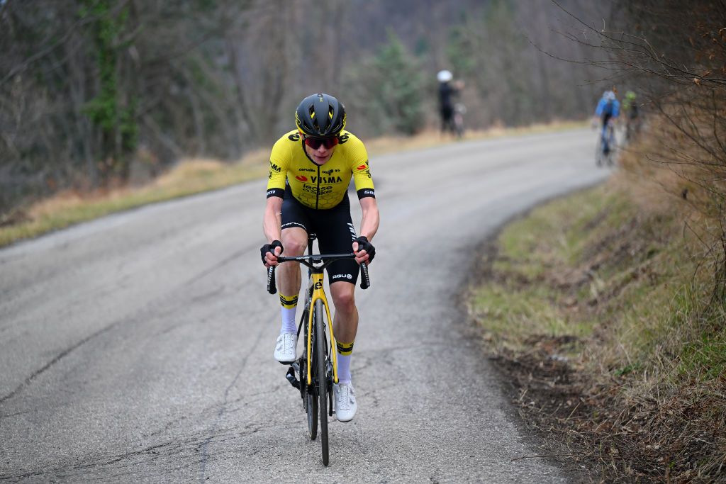 VALLE CASTELLANA ITALY MARCH 08 Jonas Vingegaard Hansen of Denmark and Team VismaLease A Bike competes in the breakaway during the 59th TirrenoAdriatico 2024 Stage 5 a 144km stage from Torricella Sicura to Valle Castellana 615m UCIWT on March 08 2024 in Valle Castellana Italy Photo by Tim de WaeleGetty Images