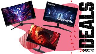 Three gaming monitors, the ASRock Phantom Gaming, Samsung Odyssey OLED G5, and Acer, on a pink background.