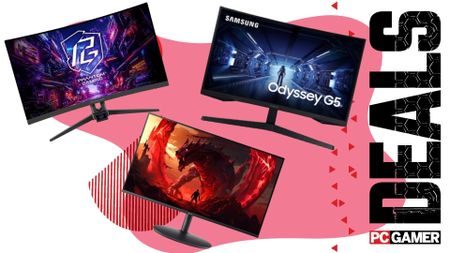  Three gaming monitors, the ASRock Phantom Gaming, Samsung Odyssey OLED G5, and Acer, on a pink background.
