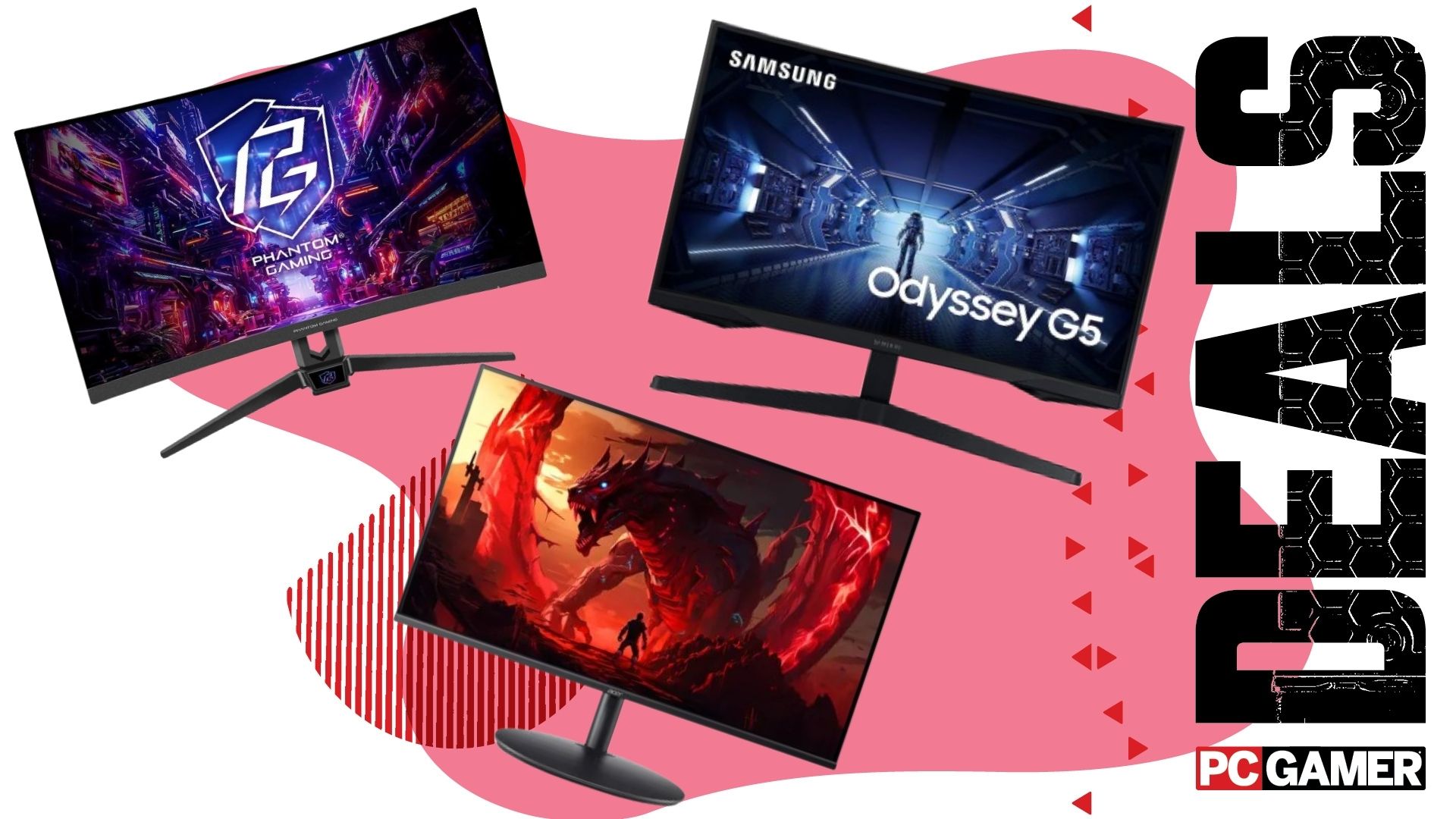  Three gaming monitors, the ASRock Phantom Gaming, Samsung Odyssey OLED G5, and Acer, on a pink background.