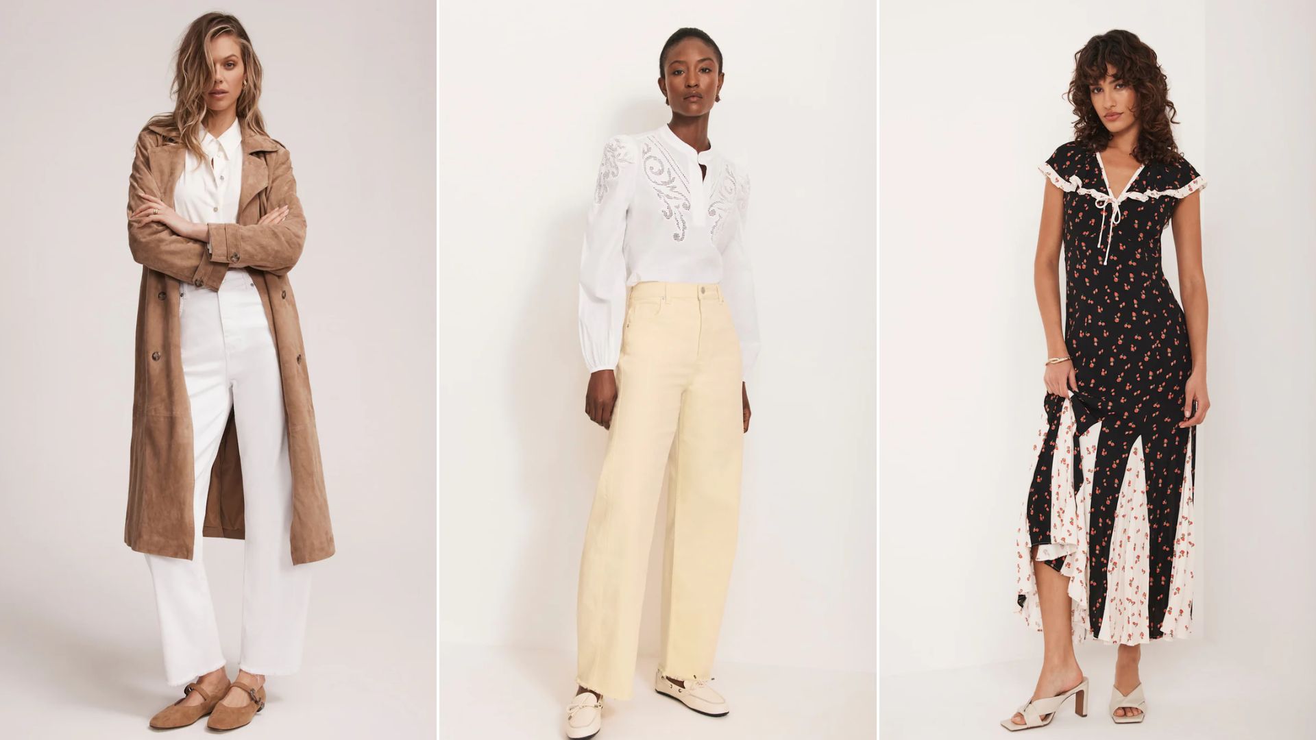 Three women wear different clothing from Mint Velvet