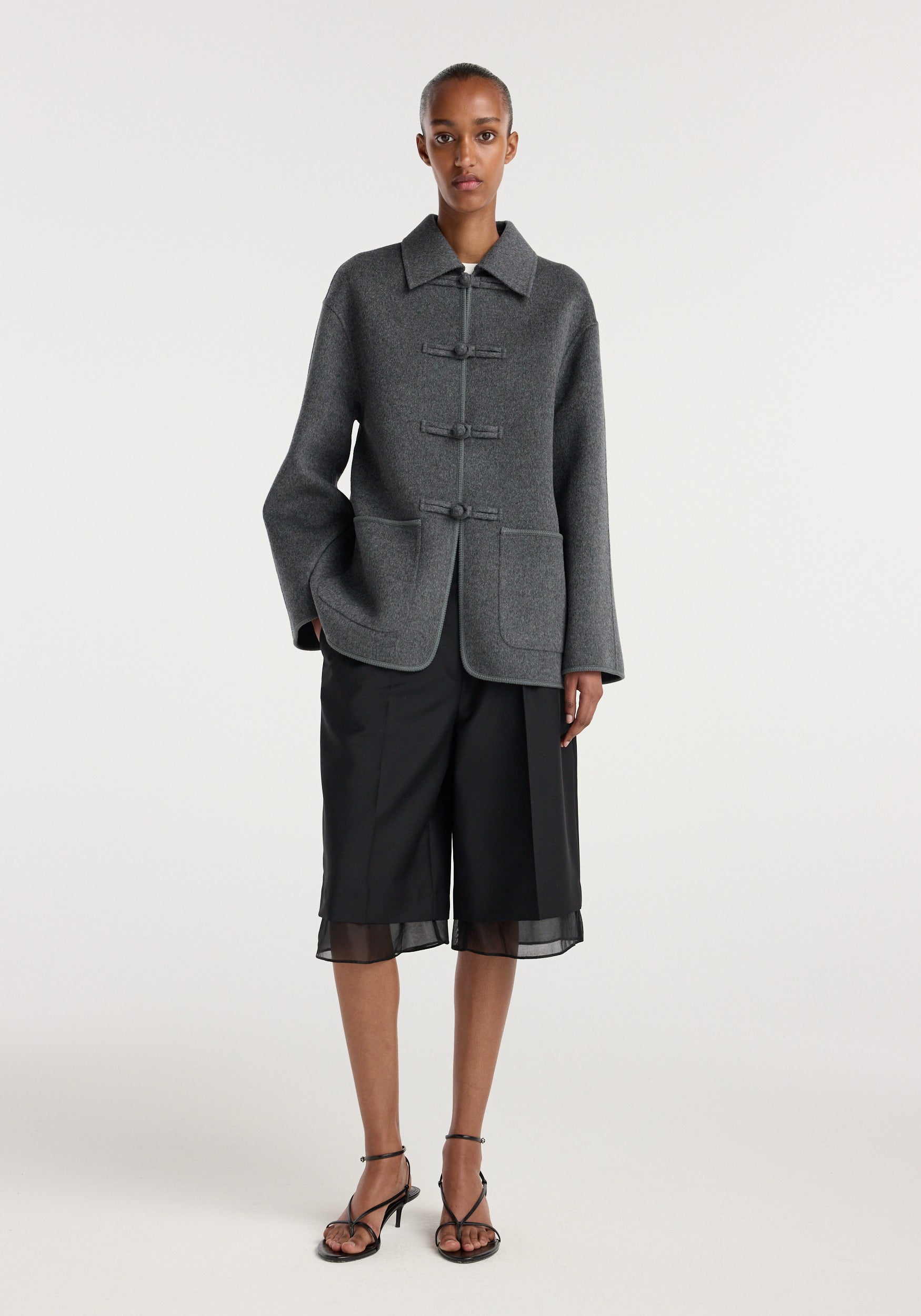 Double-Faced Wool Pankou Closure Jacket | Dark Grey Melange