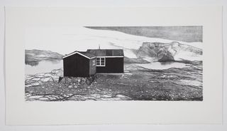 Black and white image of huts