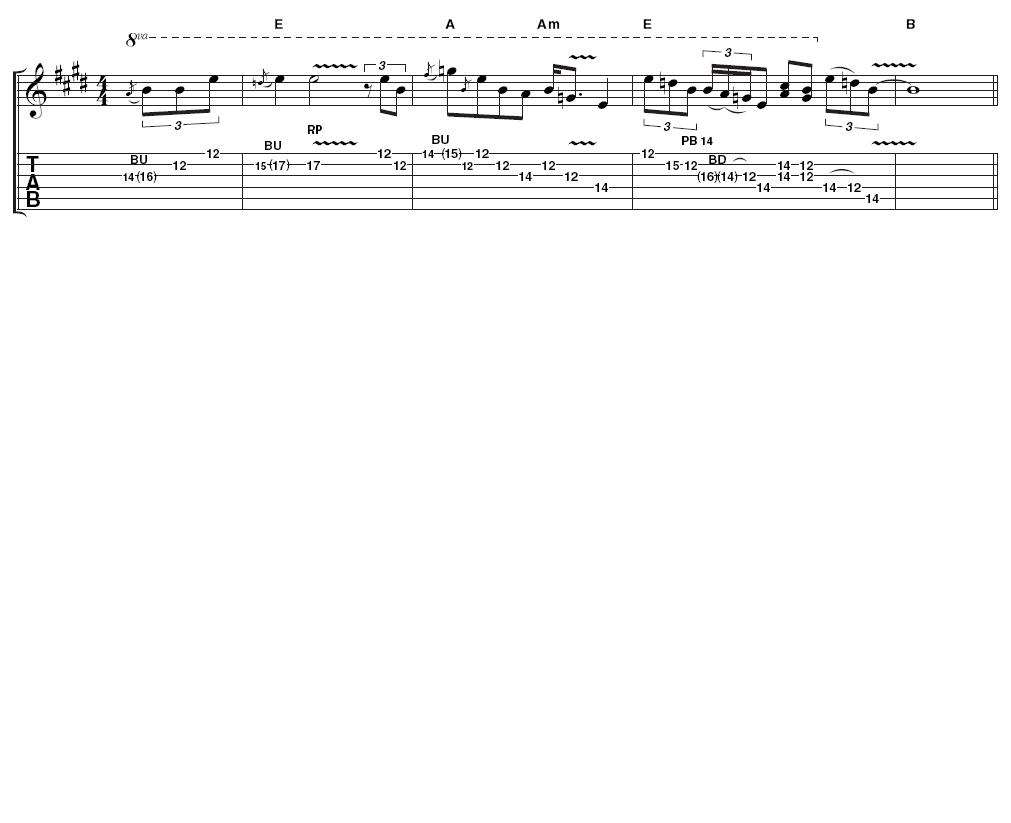 Example 5 - Winding-up phrase: As a winding-up phrase, this combines pentatonic runs, sustained notes with vibrato and doublestops alongside all the other trademarks. Watch for dotted rhythms like the one in bar 2; these are essential to keep the feel authentic. Check out the video if you're in any doubt.