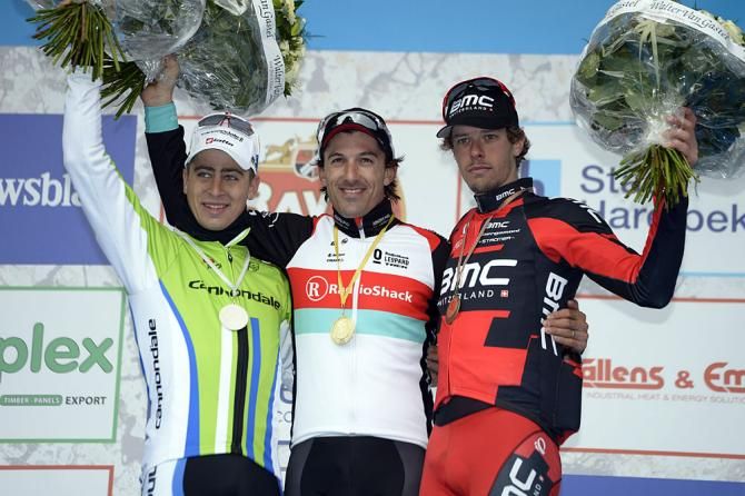 Podium: Fabian Cancellara (RadioShack - Leopard) in first, Peter Sagan (Cannondale) in second, Daniel Oss (BMC) in third