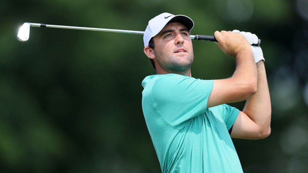 Scottie Scheffler of the United States plays his shot from the seventh tee during the second round of the BMW Championship at Wilmington Country Club