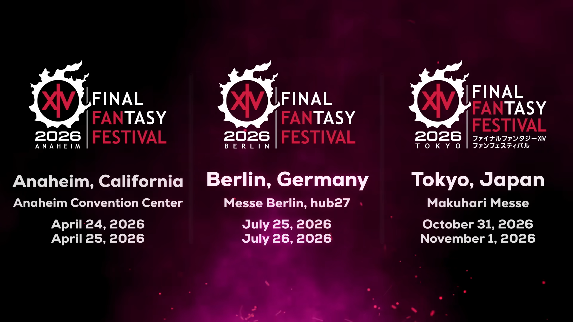 The three dates and locations for the 2026 Final Fantasy 14 Fan Festivals.