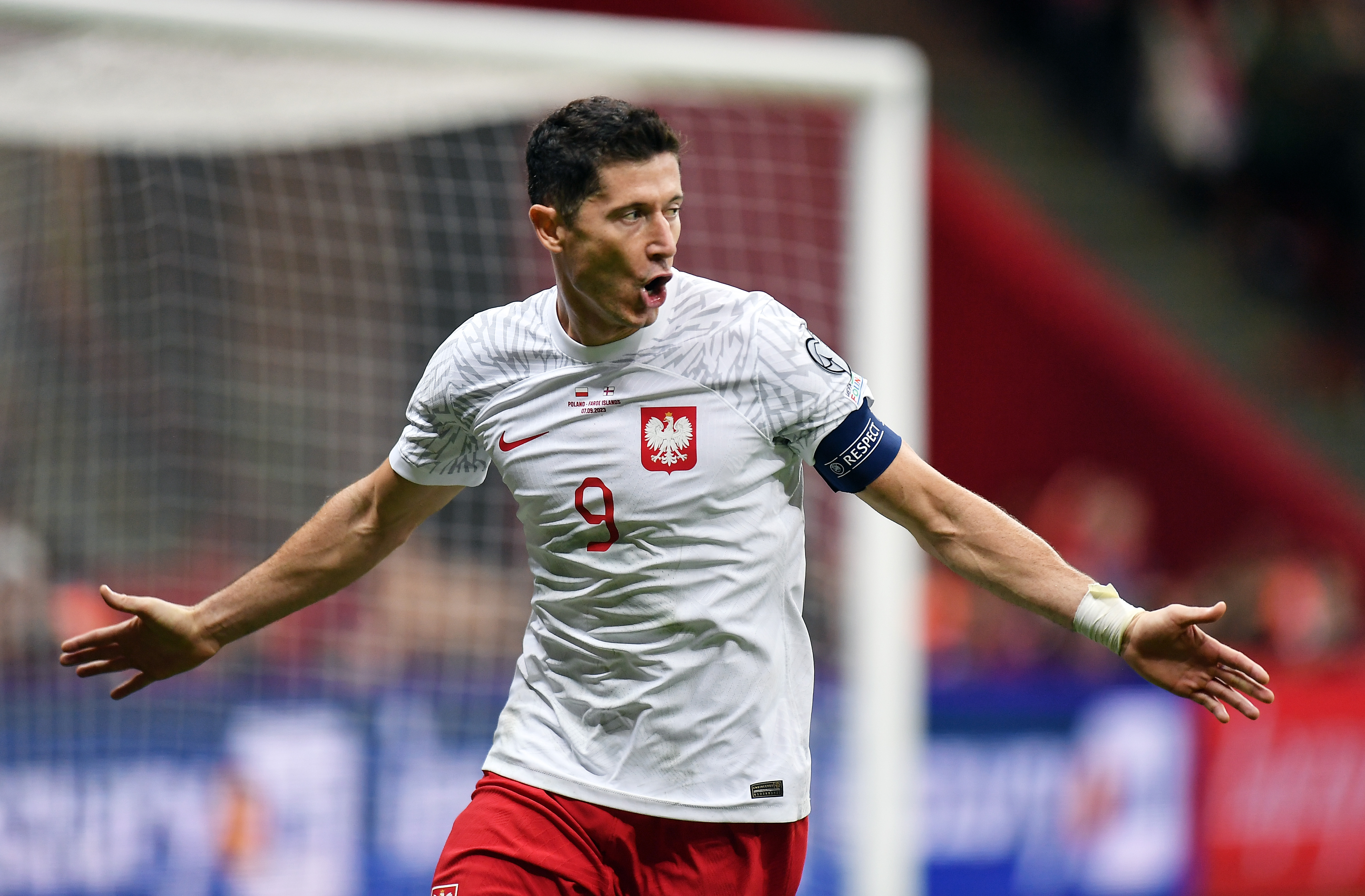 Robert Lewandowski celebrates a goal for Poland against Faroe Islands in September 2023.