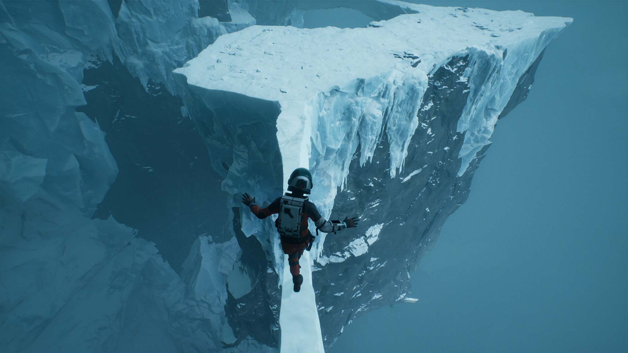 Screenshot of Aphelion showing a woman crossing an ice bridge.