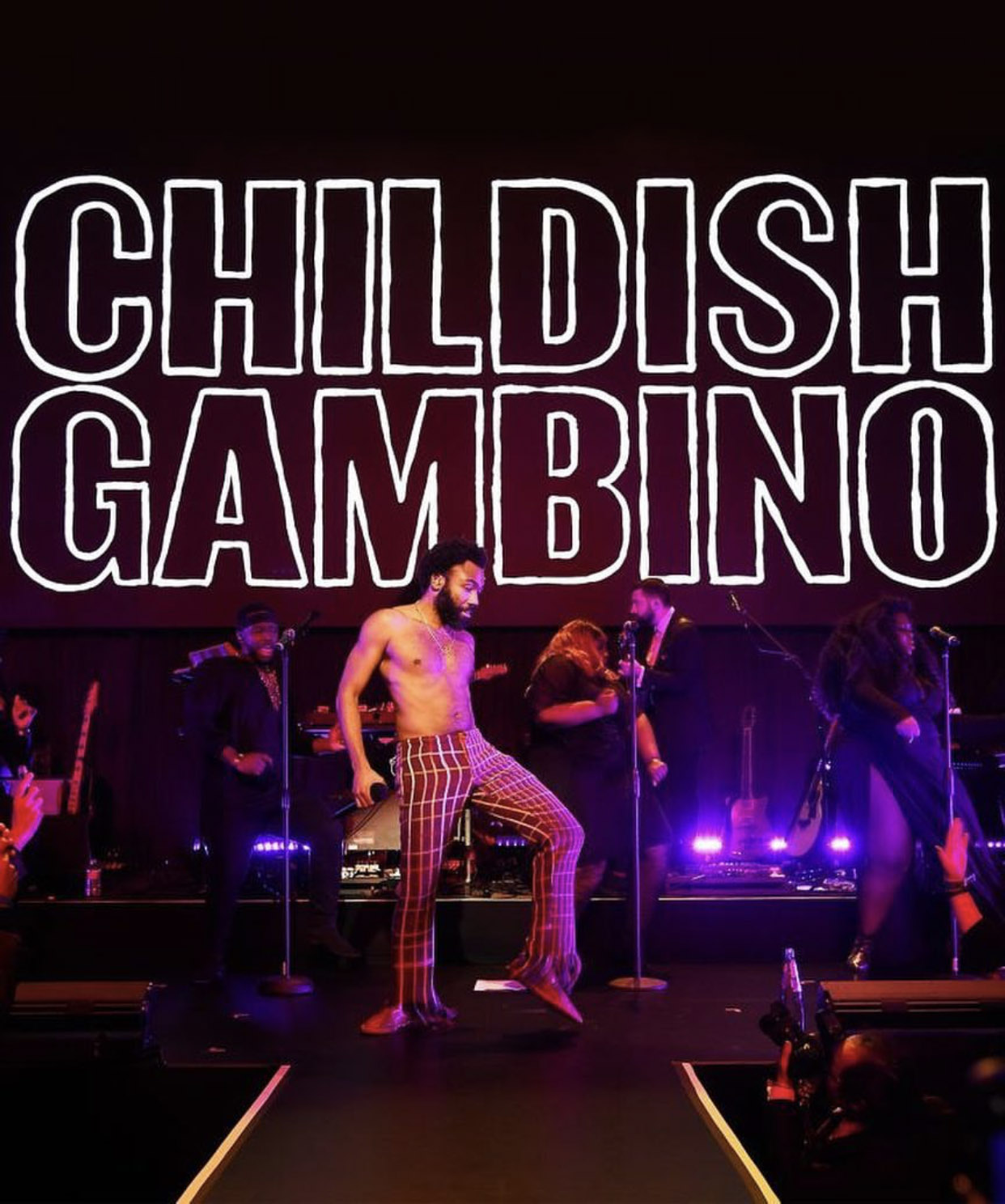 Childish Gambino on stage, below stylised lettering of his name 