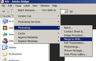 Now click on Tools/Photoshop/Merge to HDR. Photoshop will open up and start processing.