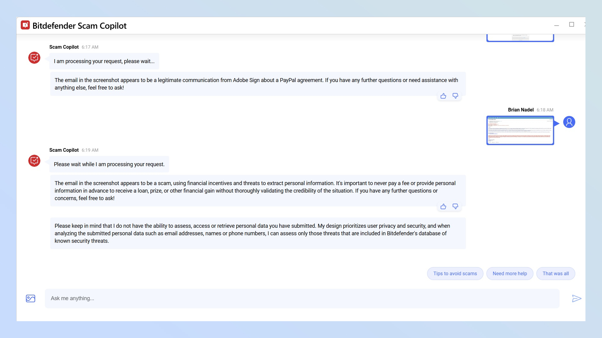 A screenshot showing Bitdefender Scam Pilot flagging a scam impersonating the FBI