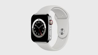 Image shows an Apple Watch 6 with a white bracelet.