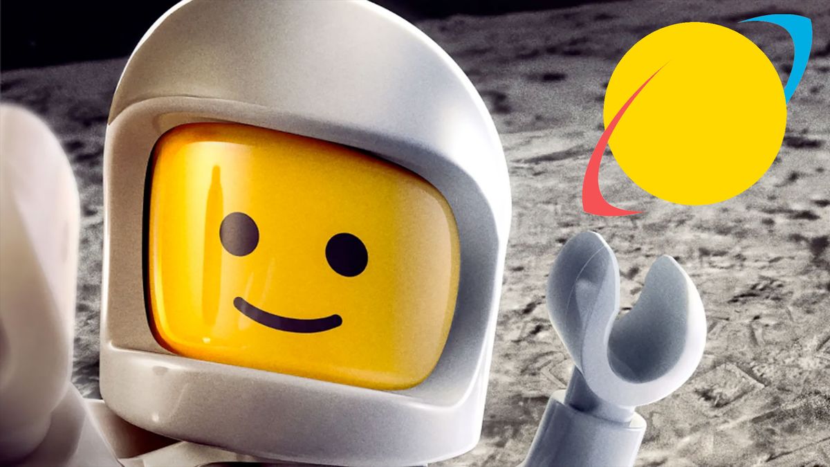 a toy astronaut &quot;waves&quot; from the moon with a company logo above his hand