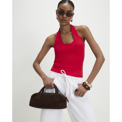 Red Cotton Blend Halter Neck Tank Top