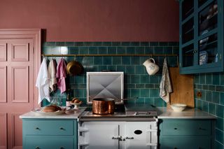 a red and blue kitchen scheme