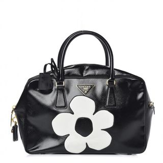 Prada Saffiano Vernice Floral Bauletto Bag Black