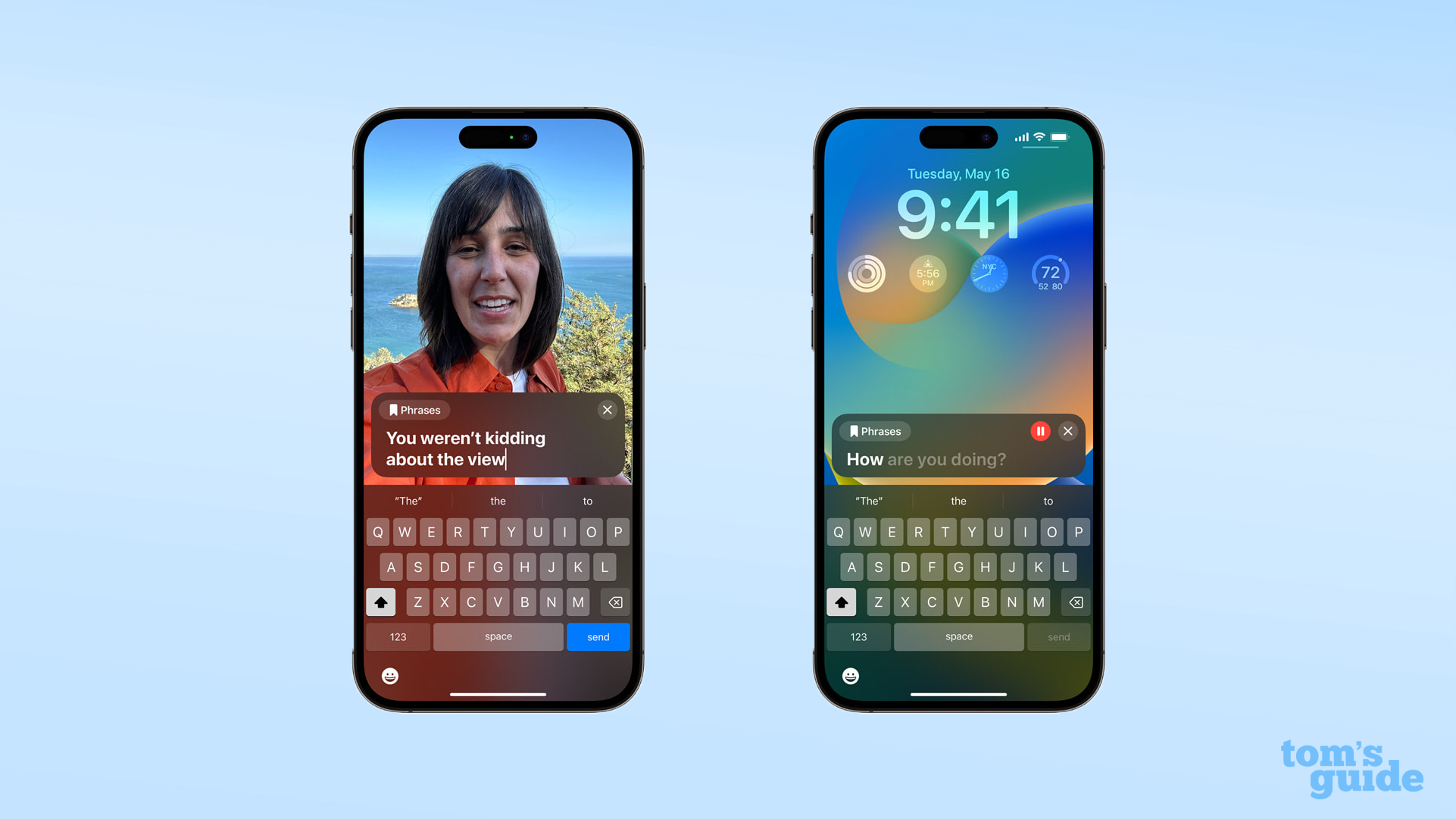 Apple'ın yeni Canlı Konuşma özelliğini gösteren iki ekran görüntüsü