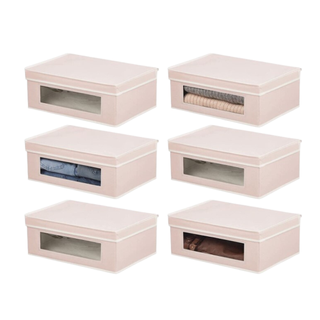 Six pink linen organizer boxes