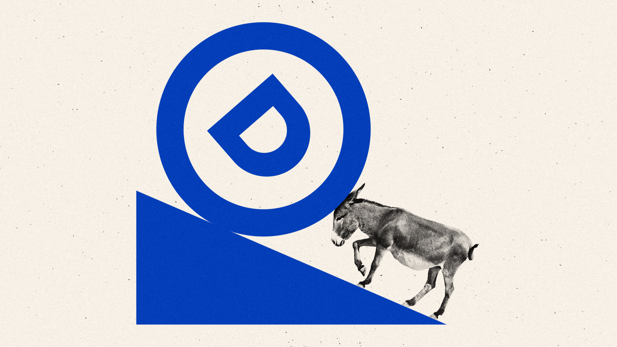 Photo illustration of a donkey pushing the DNC logo up a hill