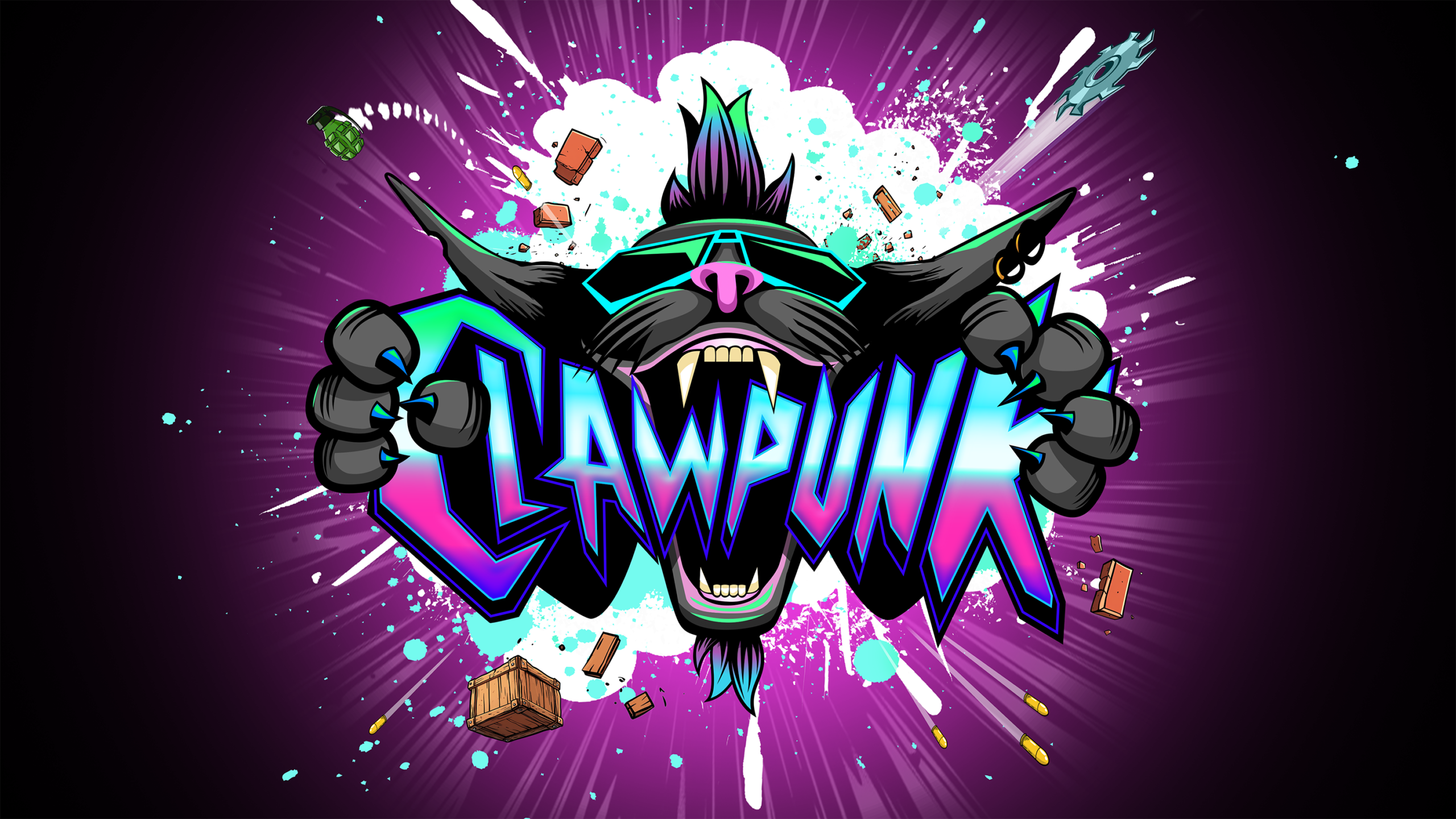 a punk cat with a logo reading clawpunk in its mouth