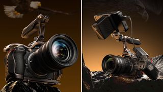 Two side-by-side promotional images of SmallRig “Night Eagle” Cage for Nikon Z5 II, one with eagle in background and one on a brown gradient