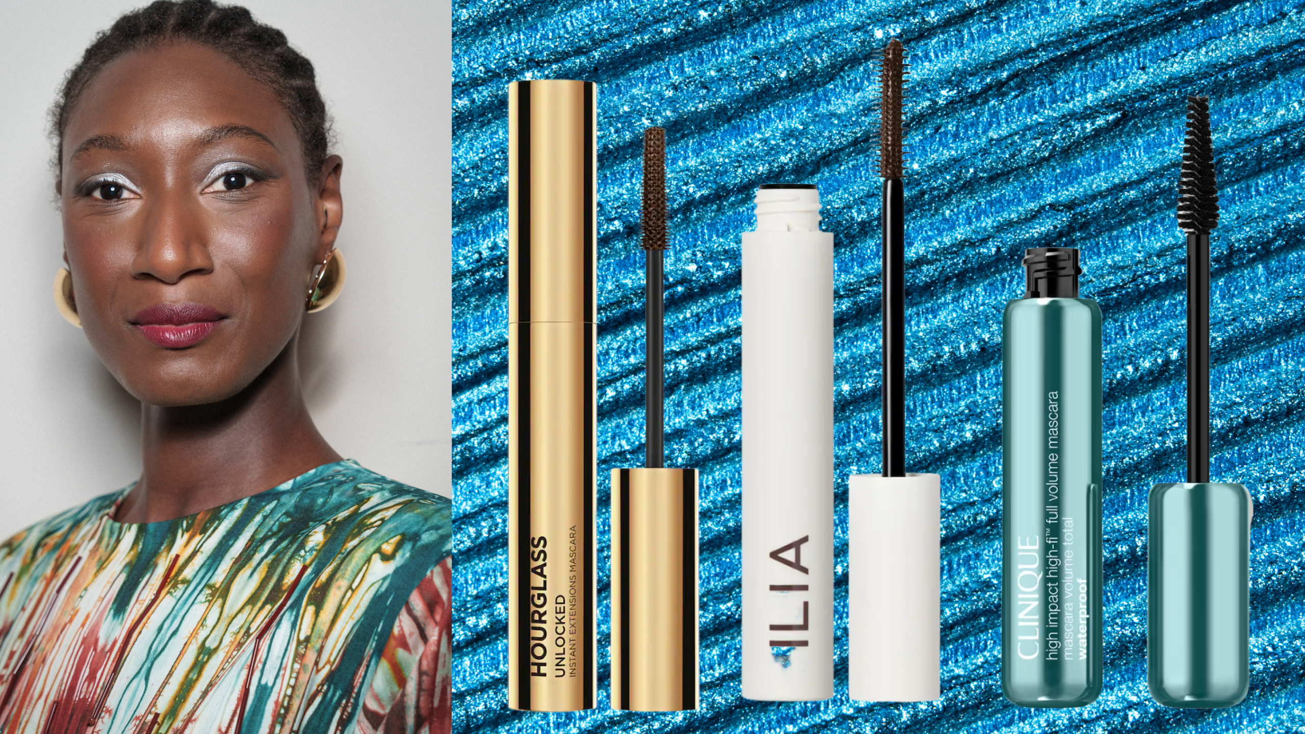 A woman wearing cornrows, white eyeshadow, and mascara next to three tubes of mascara. 