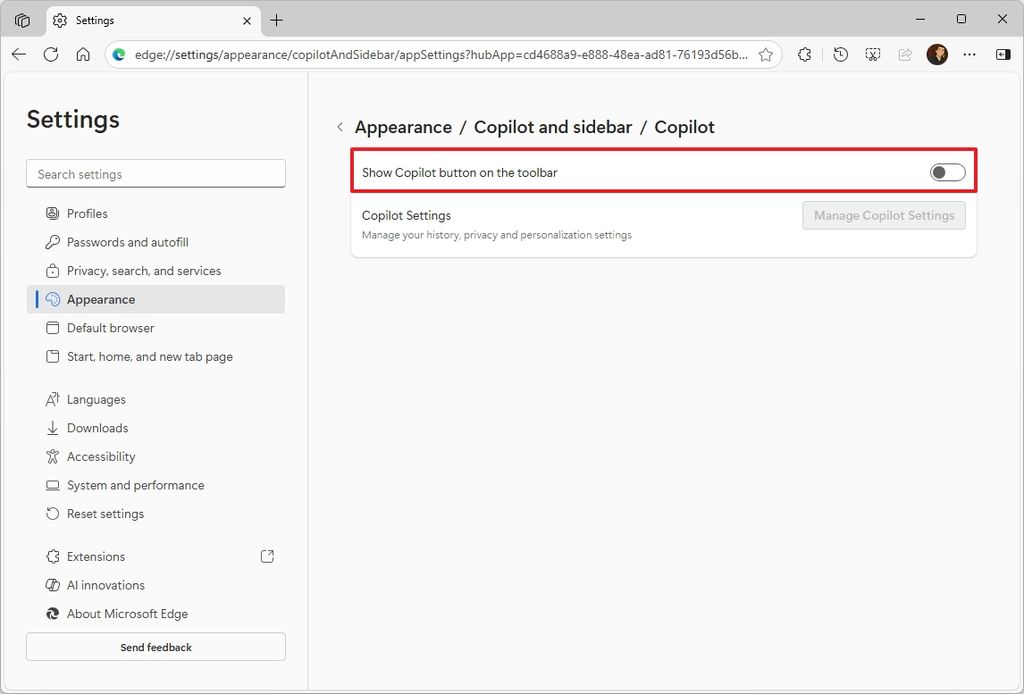 Microsoft Edge disable Copilot
