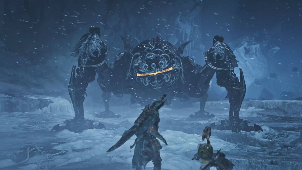 The giant robotic raid boss from Final Fantasy 14, Omega, standing in the snow to challenge a hunter.