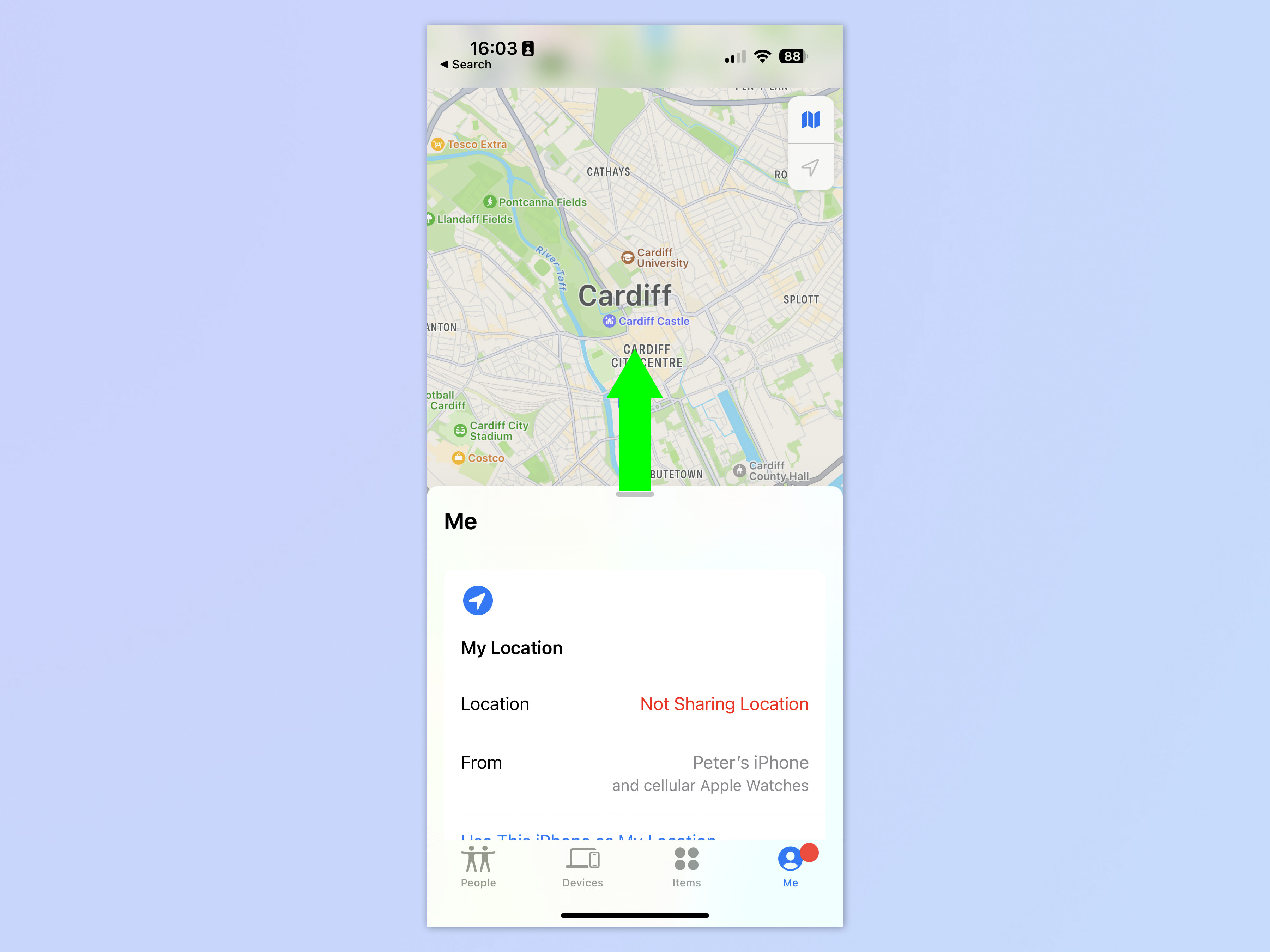 Скриншот, показывающий, как поделиться местоположением через спутник на iPhone
