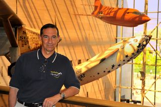 Brian Binnie at the Smithsonian National Air and Space Museum where SpaceShipOne now hangs next to Chuck Yeager's Bell X-1.