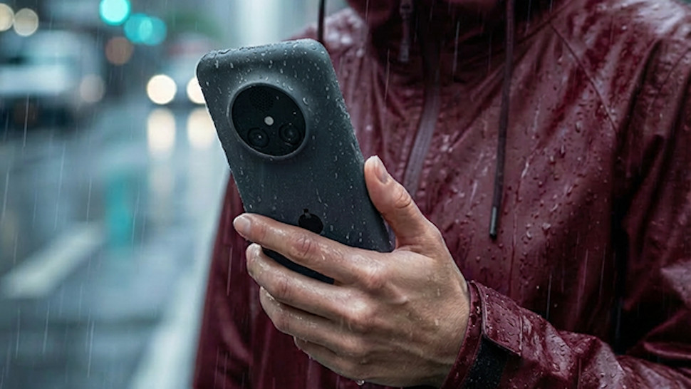NexPhone being held in a hand, rear camera showing, outside and it's raining